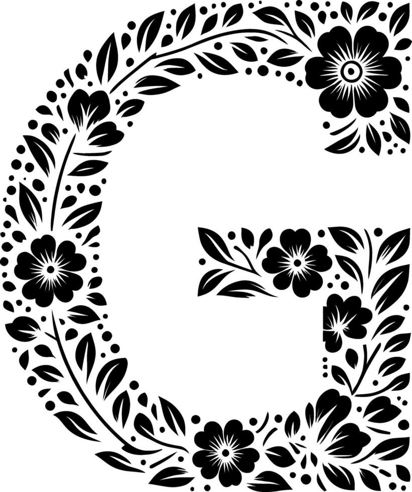 Letter G with flower pattern isolated silhouette black and white vector