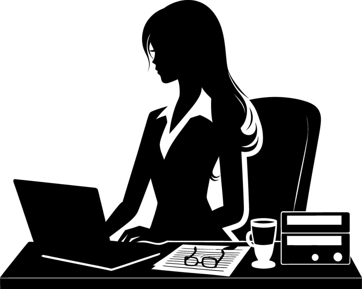 Office girl working on her desk with PC or laptop silhouette illustration black and white design vector