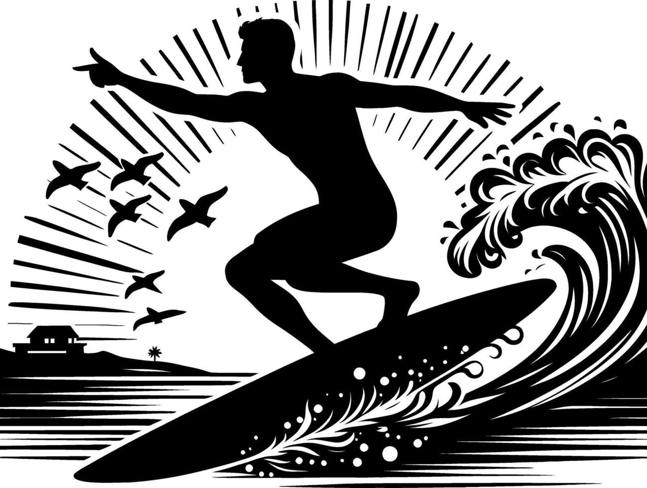 Silhouettes of a surfer surfing with his surfboard black illustration on a white background vector