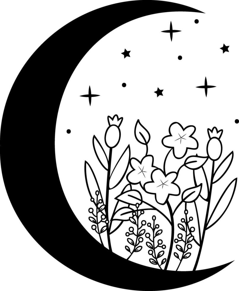 Tranquil Floral Crescent Moon with Stars in a Minimalistic Black and White Design. Celestial Cosmic Art. Nighttime Decor. illustration vector