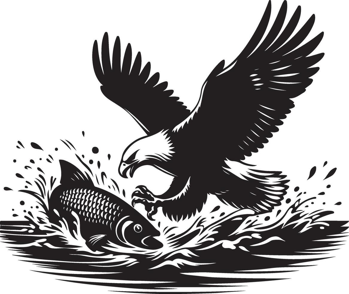 an eagle and fish are flying over water vector