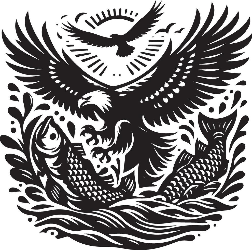 an eagle and fish in a woodcut style vector