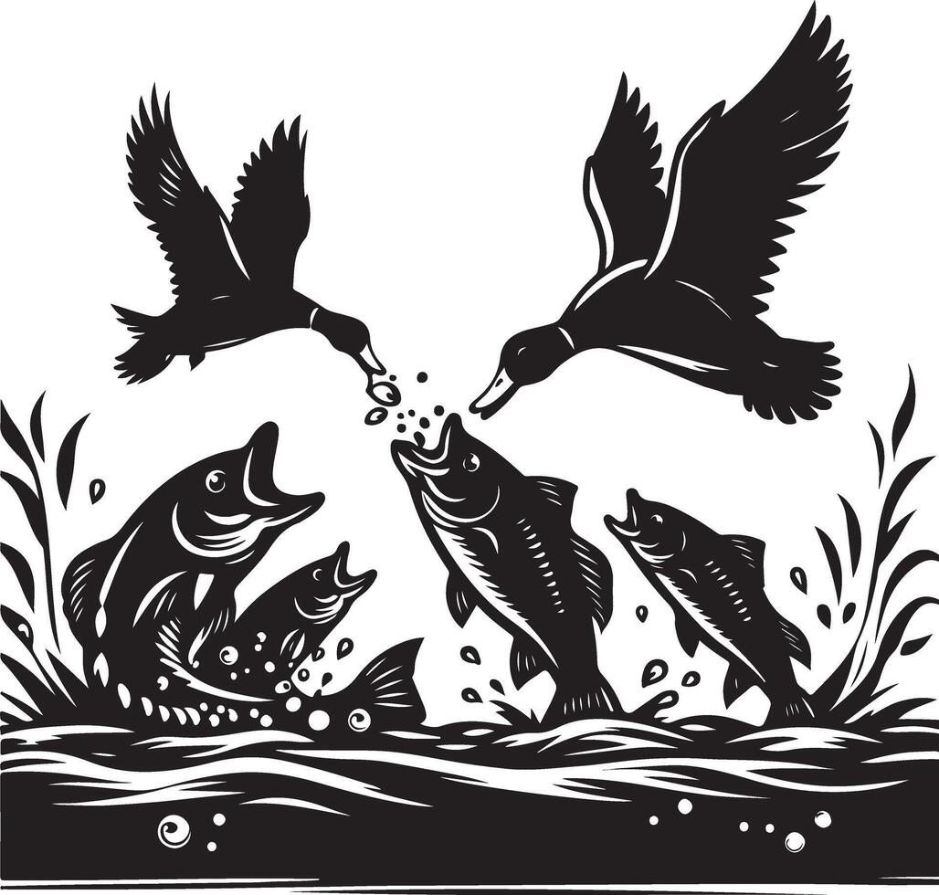 ducks and fish in the water with grass and water vector