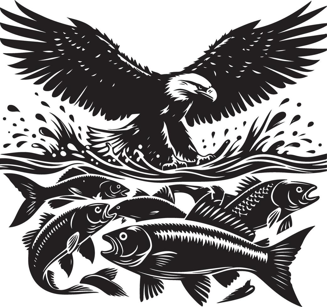 an eagle and fish in the water with a wave vector