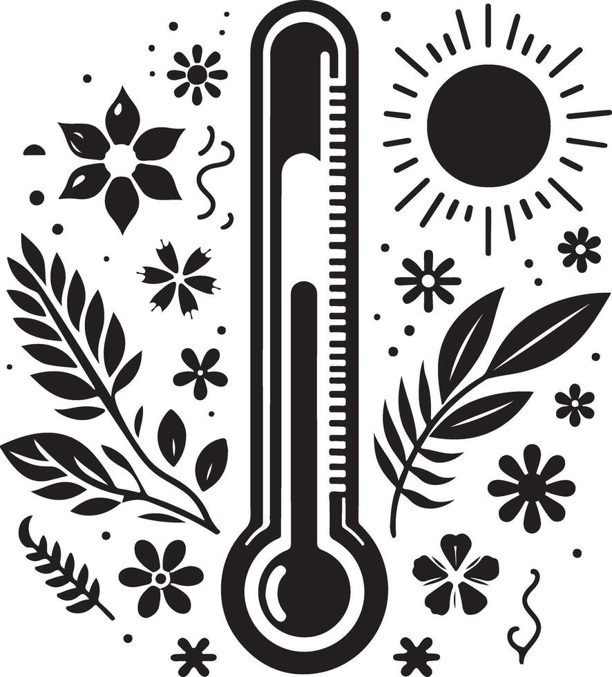 thermometer silhouette with flowers and leaves on a white background vector
