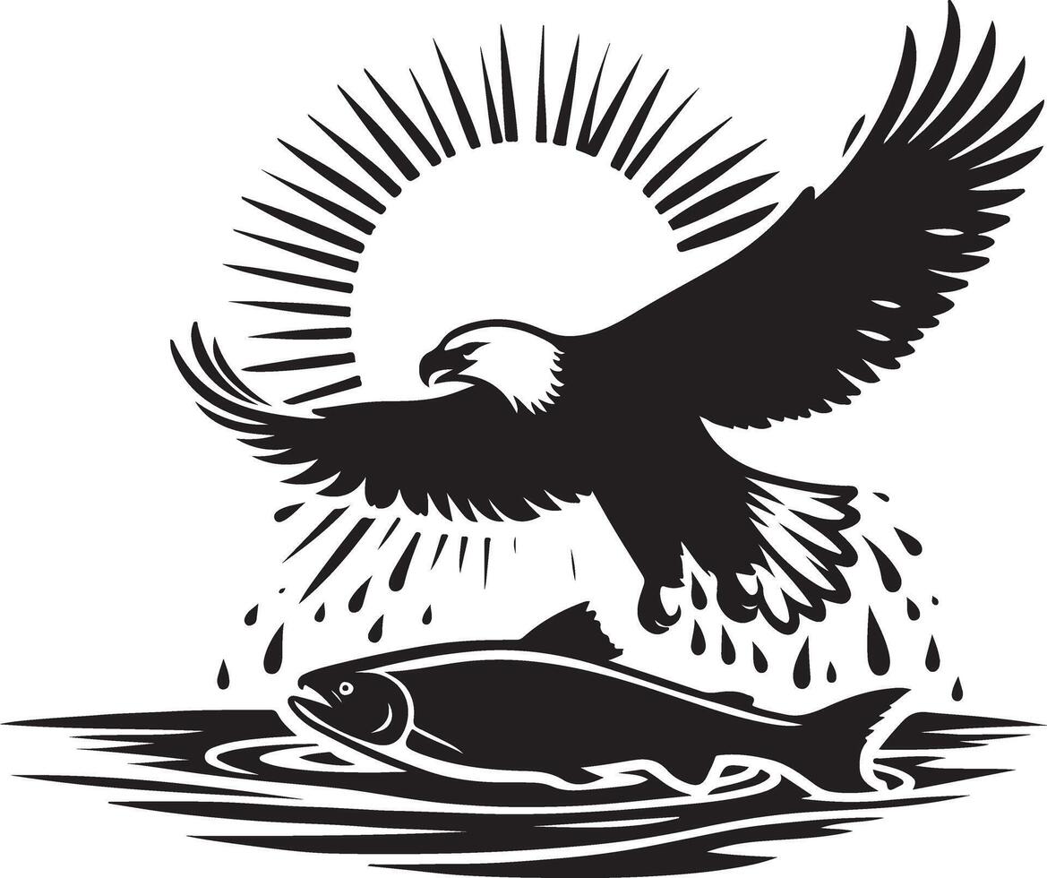 an eagle flying over a fish and sun vector