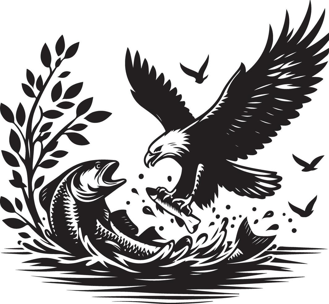 eagle with wings, fish, eagle catching fish, eagle logo, eagle catching fish logo design silhouette vector
