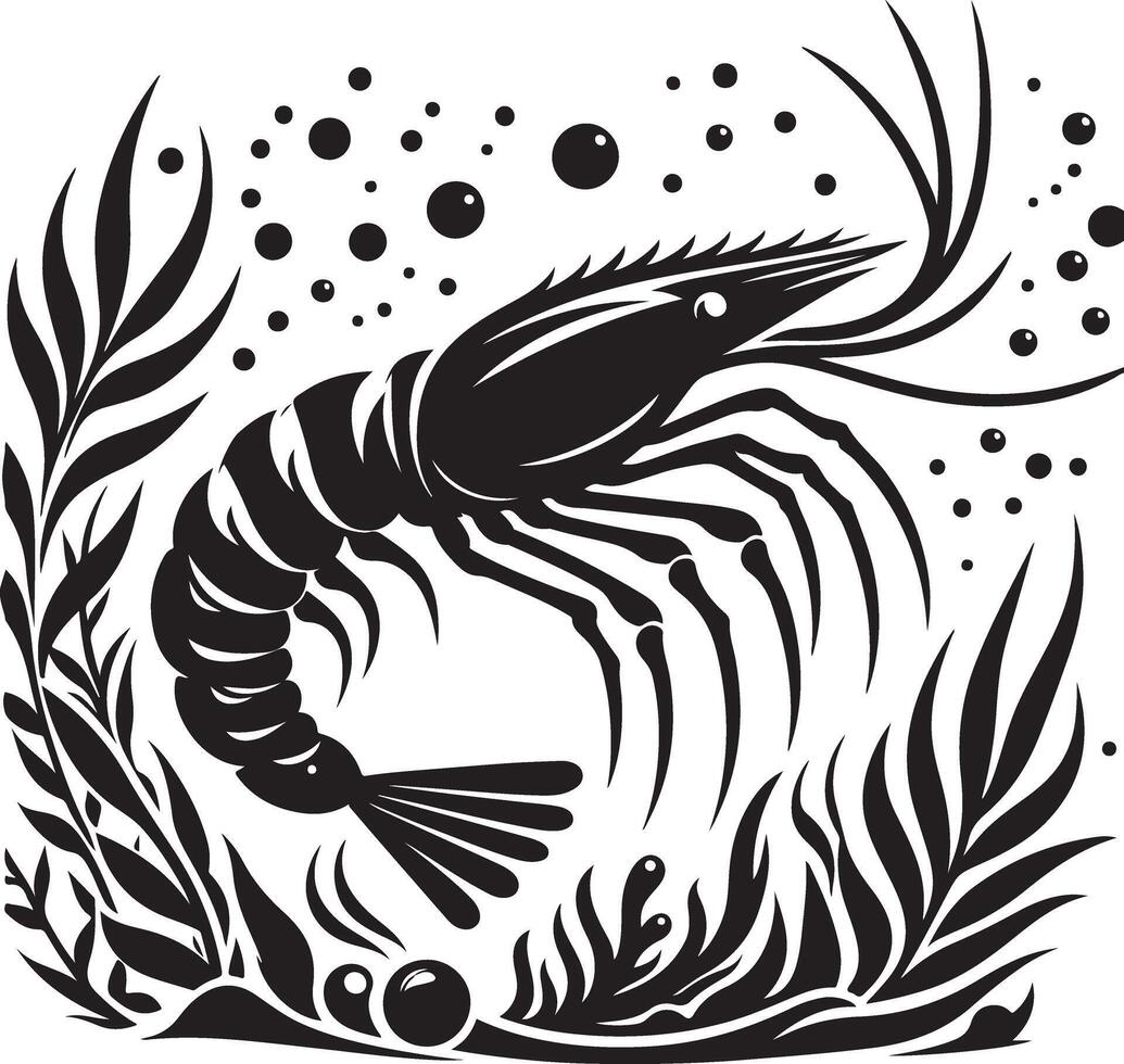 shrimp in the sea with plants and bubbles vector