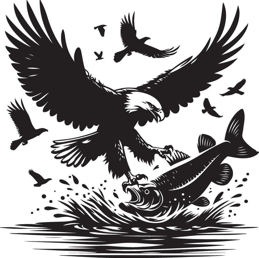 an eagle and fish in the water with birds flying around vector