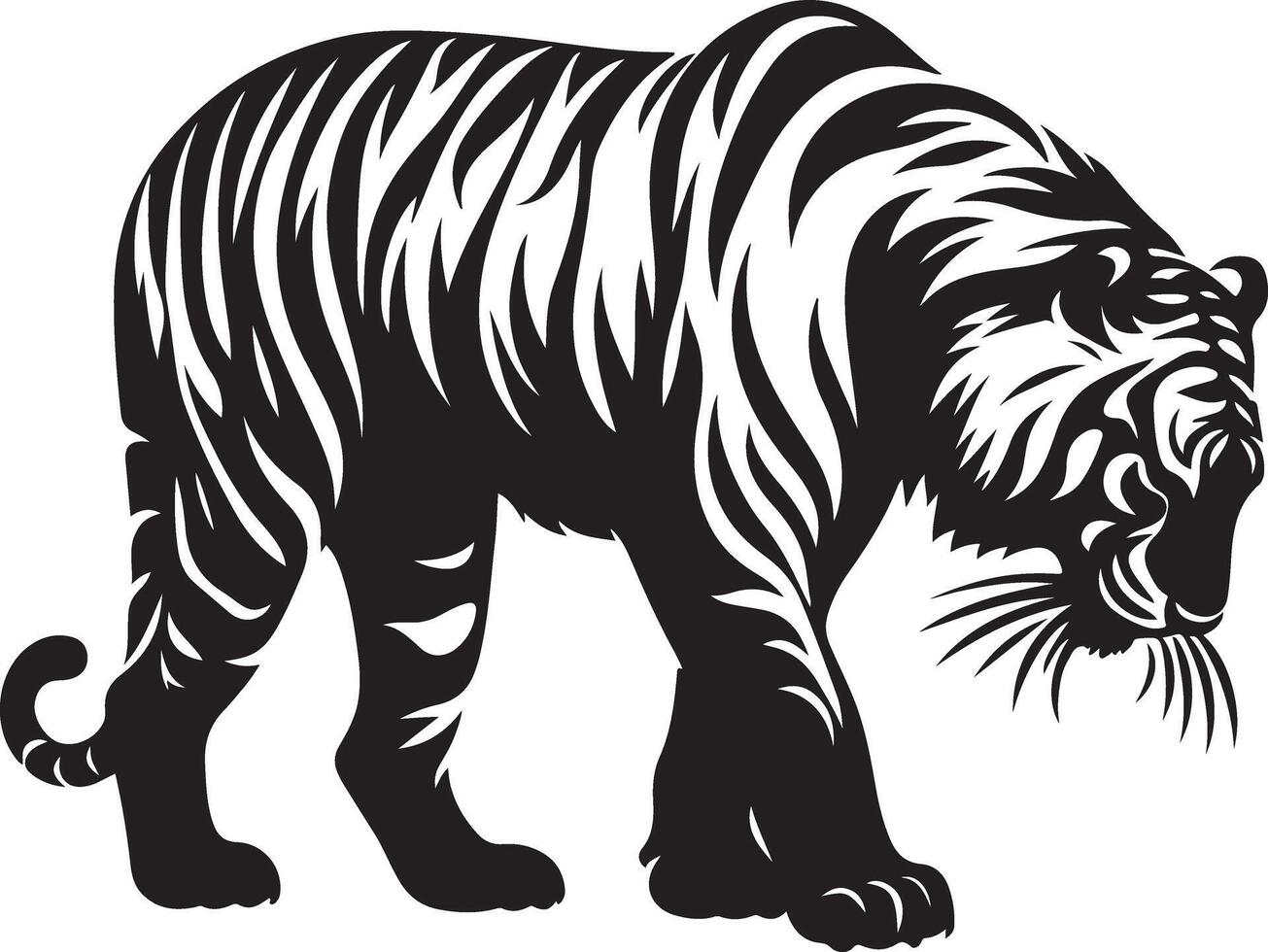a tiger is standing in a black and white design vector