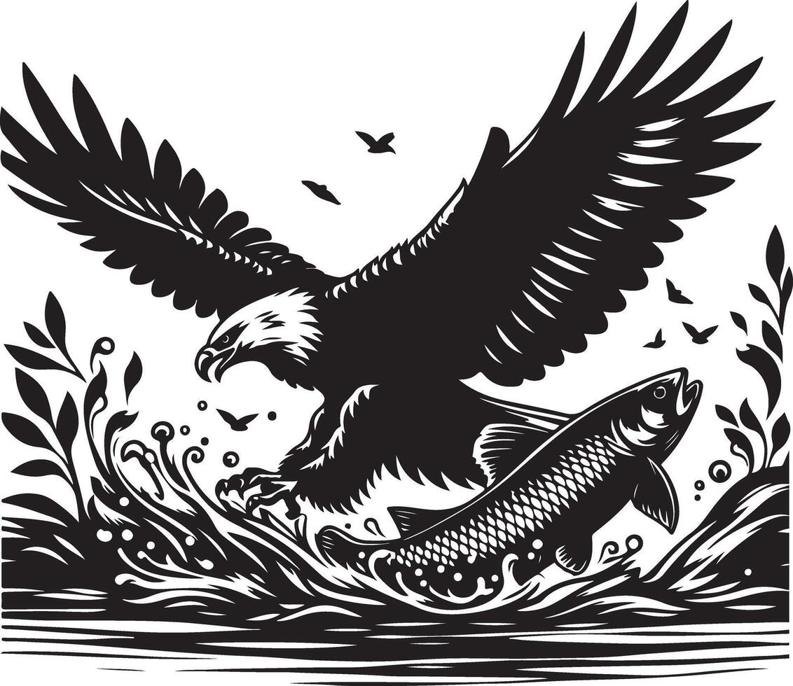 an eagle and fish in the water with leaves vector