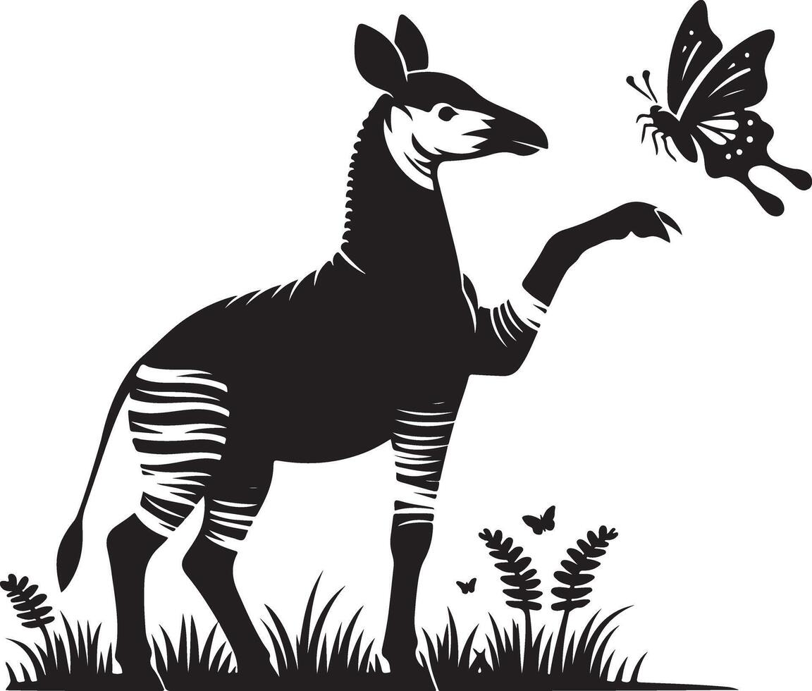 a zebra standing in the grass with a butterfly vector