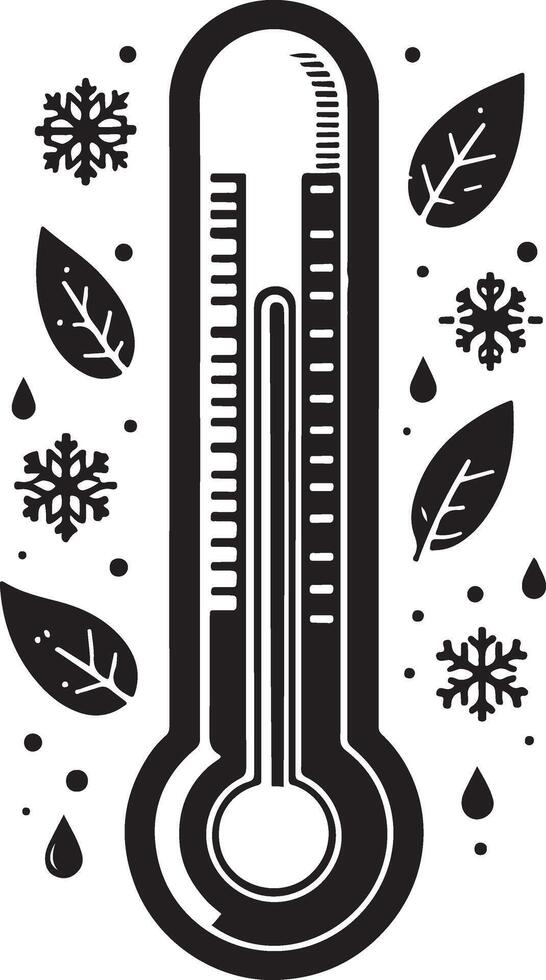 a thermometer silhouette with leaves and snowflakes vector