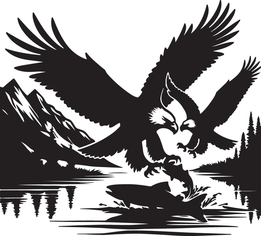 an eagle and fish are flying over a lake vector