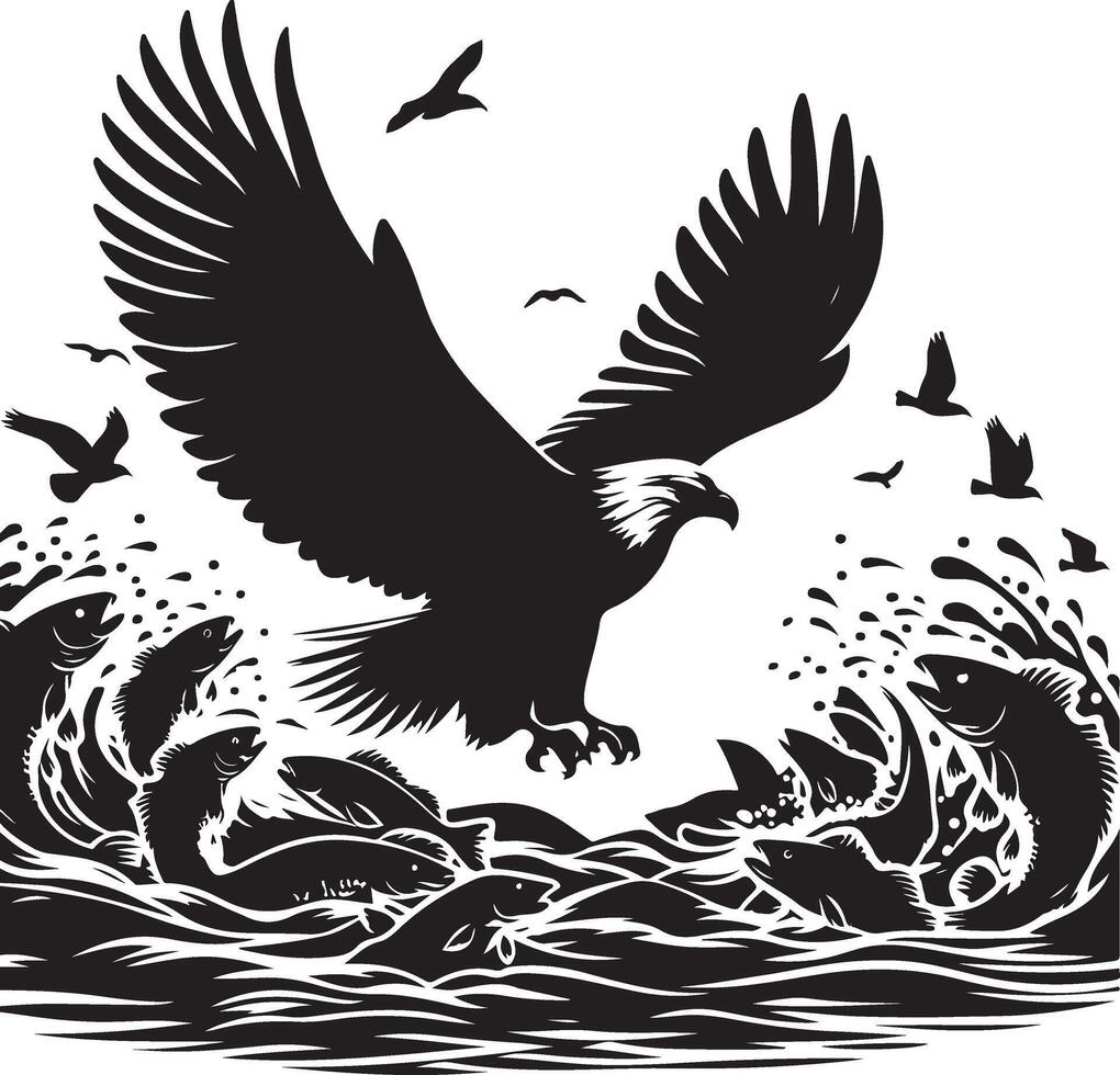 an eagle flying over a river with fish and birds vector