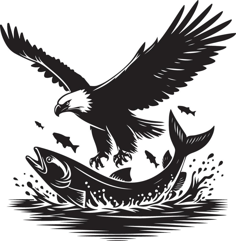 an eagle and fish in the water with a black and white background vector