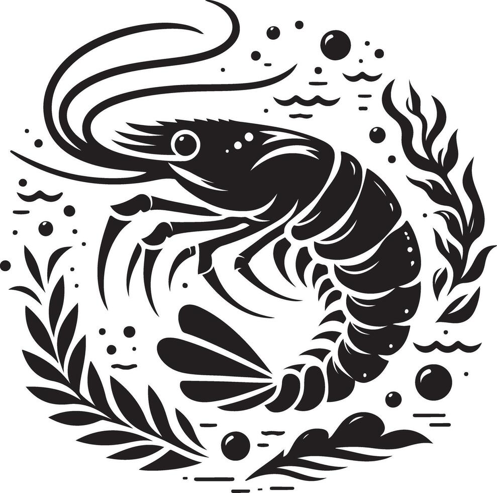 shrimp in a circle with leaves and seaweed vector