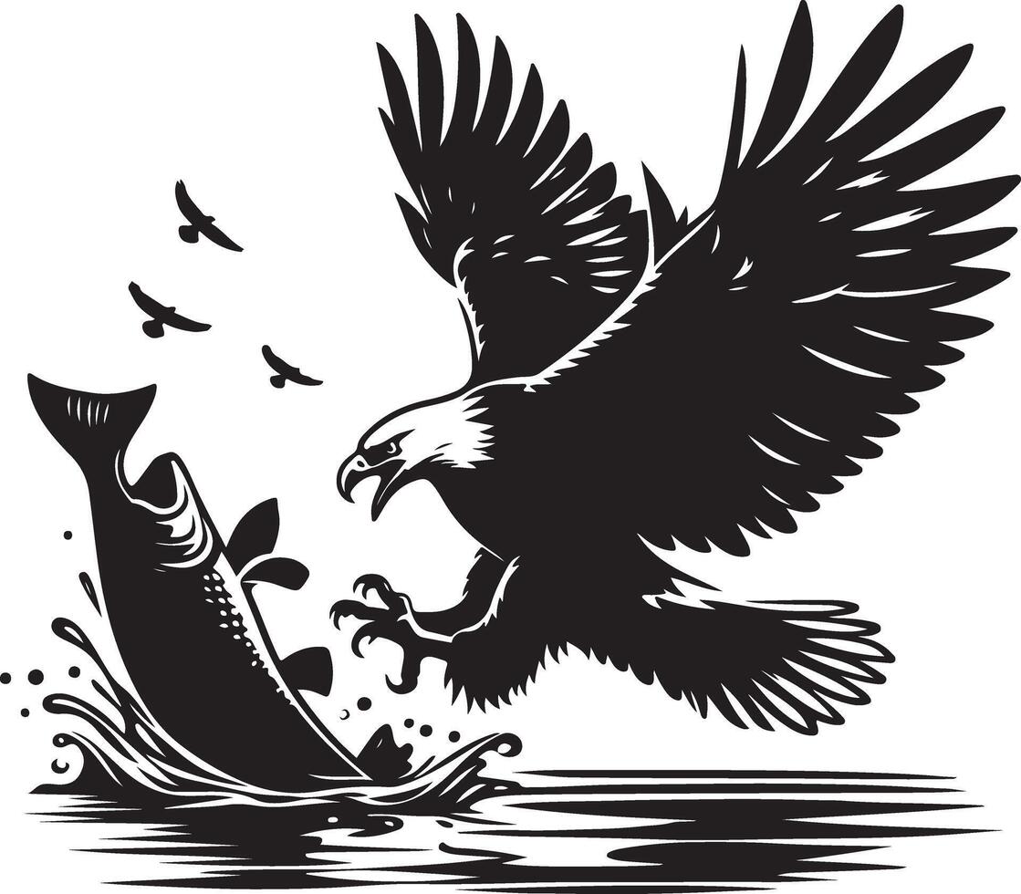 an eagle is flying over a fish and a bird is flying by vector