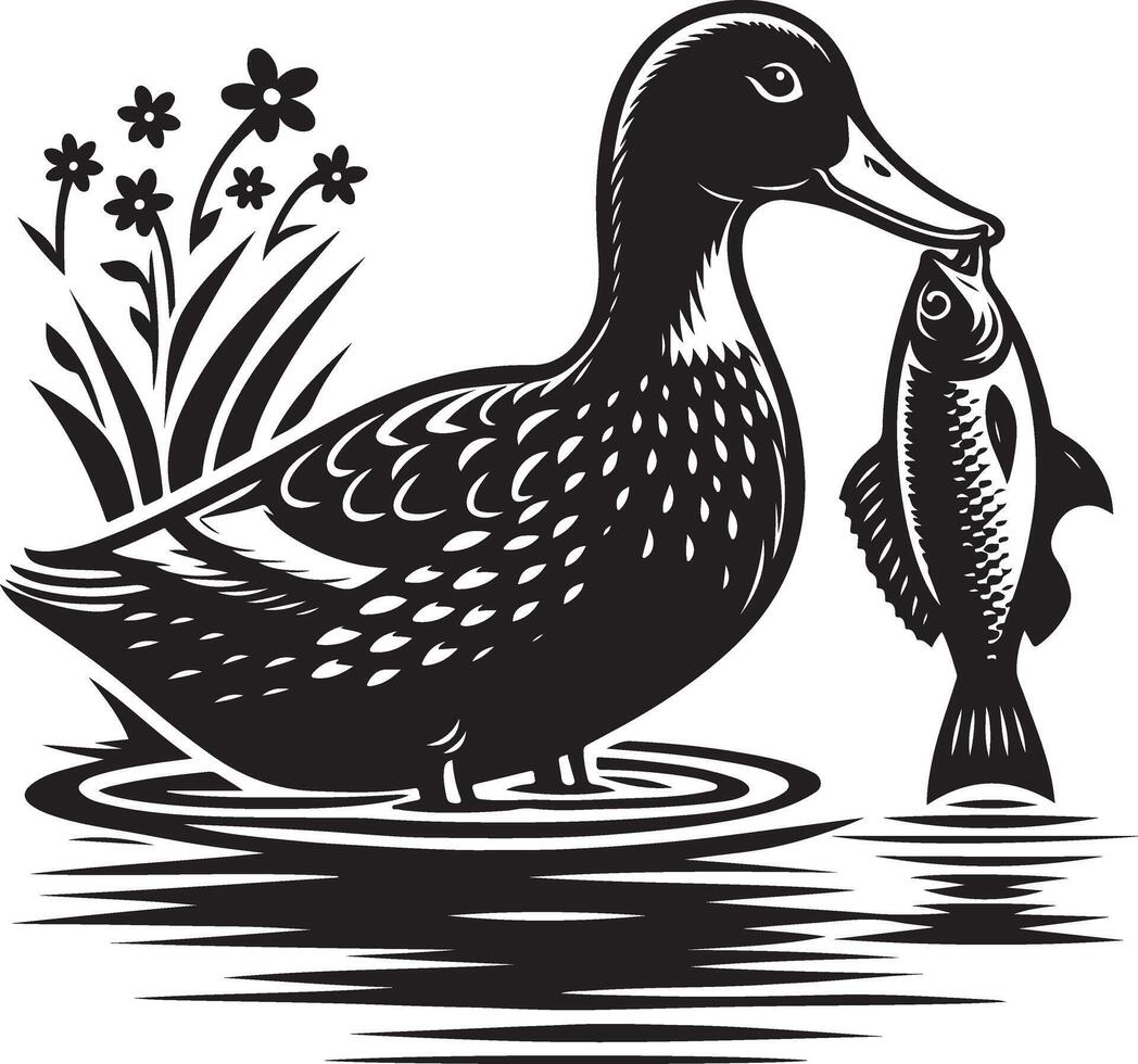 a black and white illustration of a duck with a fish vector