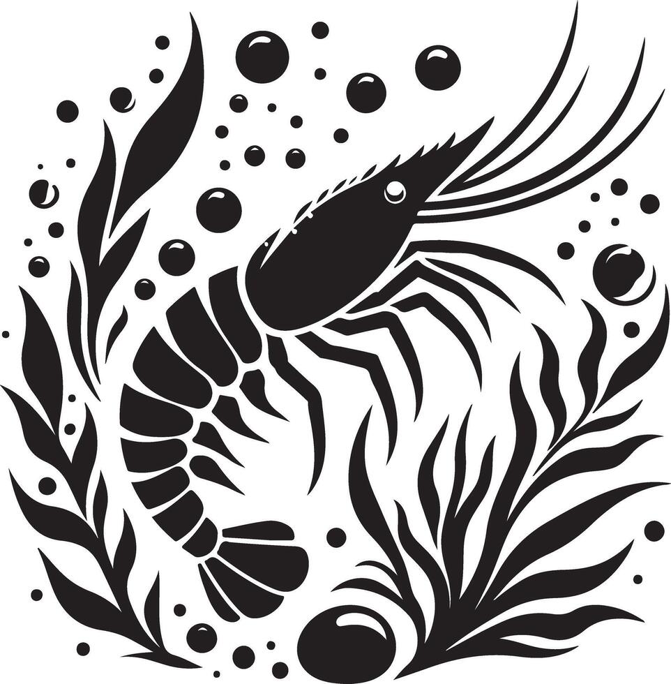 shrimp with bubbles and seaweed on a white background vector