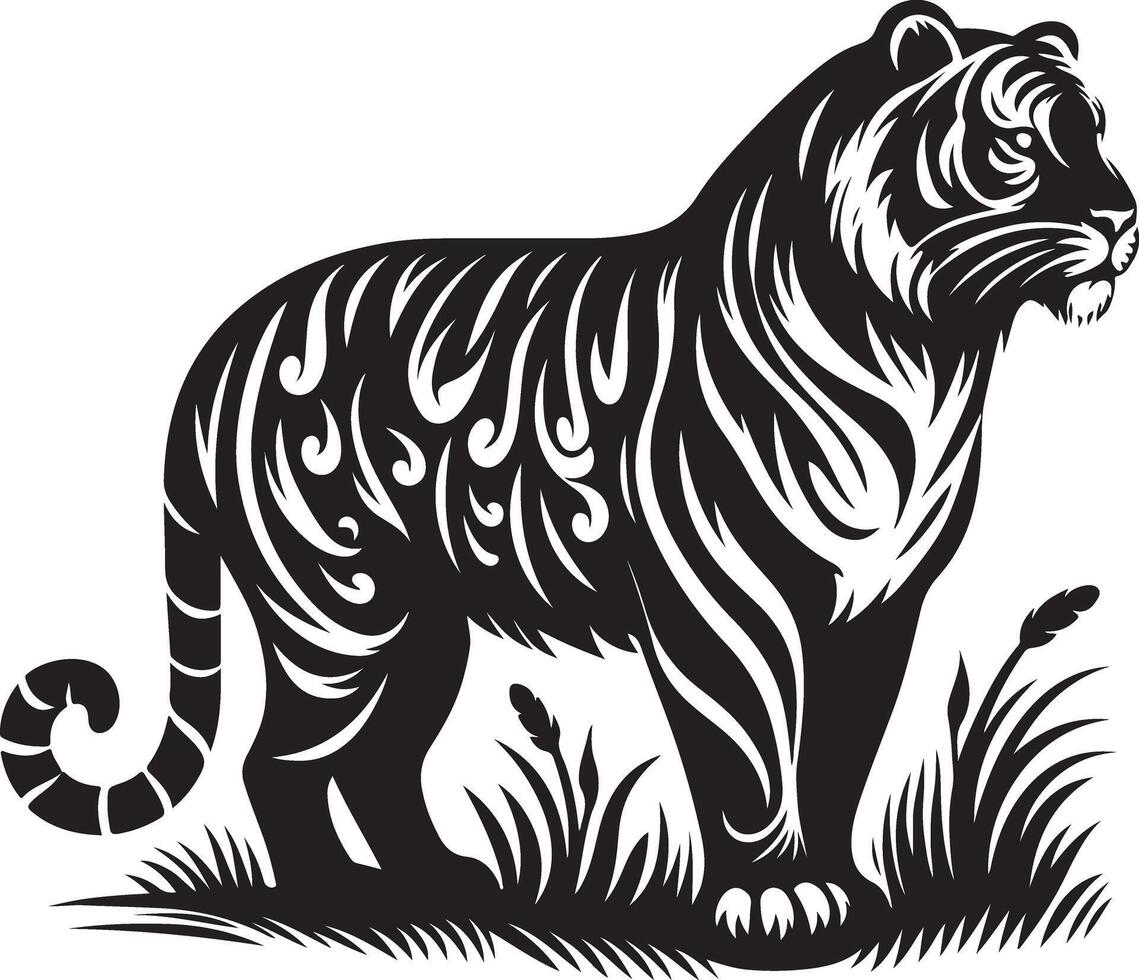 a tiger is standing in the grass with a black and white design vector