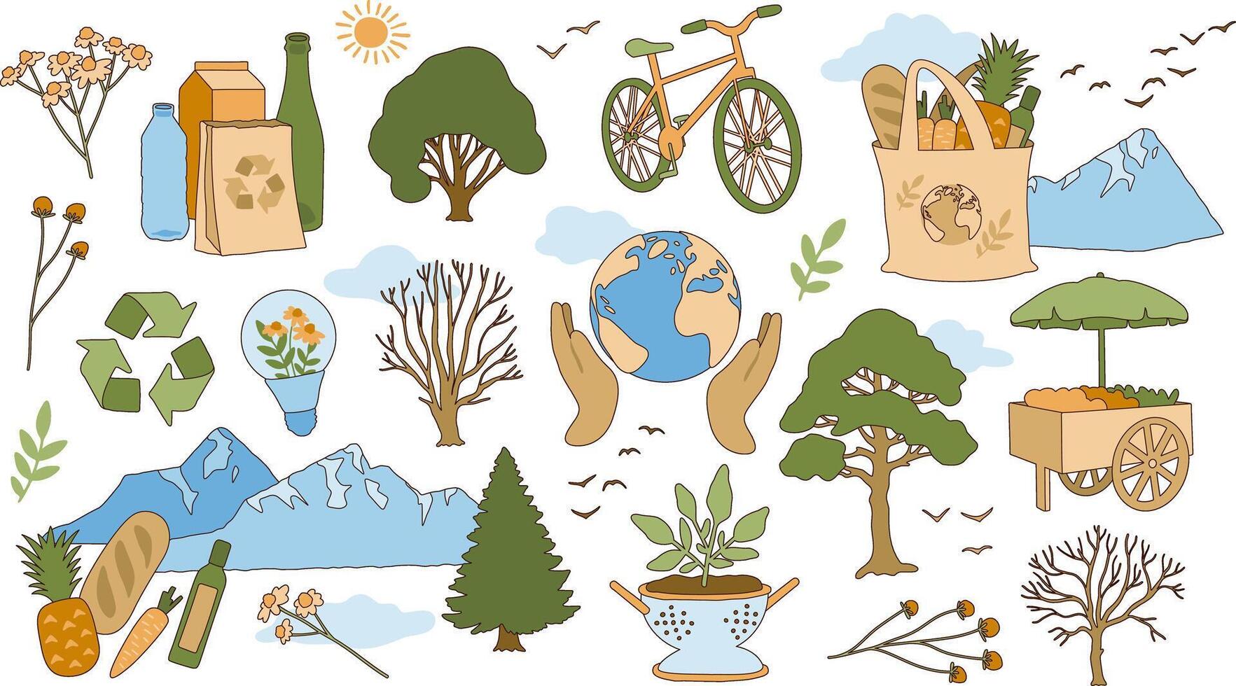 Color isolated sustainable cute sticker set. Earth, nature, recycle, trees. Eco illustration collection. Retro style elements with outline. Editable stroke. vector