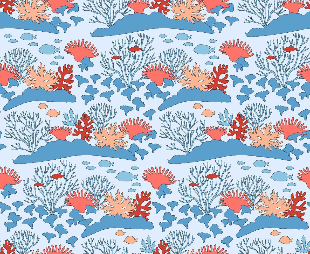 Underwater world landscape cute seamless pattern. Retro illustration. Sea, ocean bottom wildlife for decoration, fabric, postcard. Marine life wallpaper with corals fish and seaweed. Editable stroke. vector