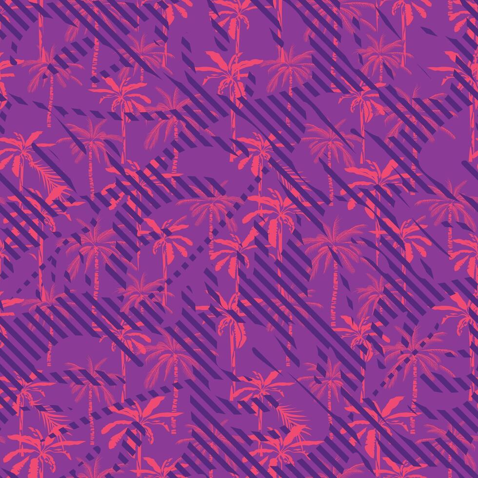 Vibrant Palm tree seamless pattern on abstract monstera leaf background vector
