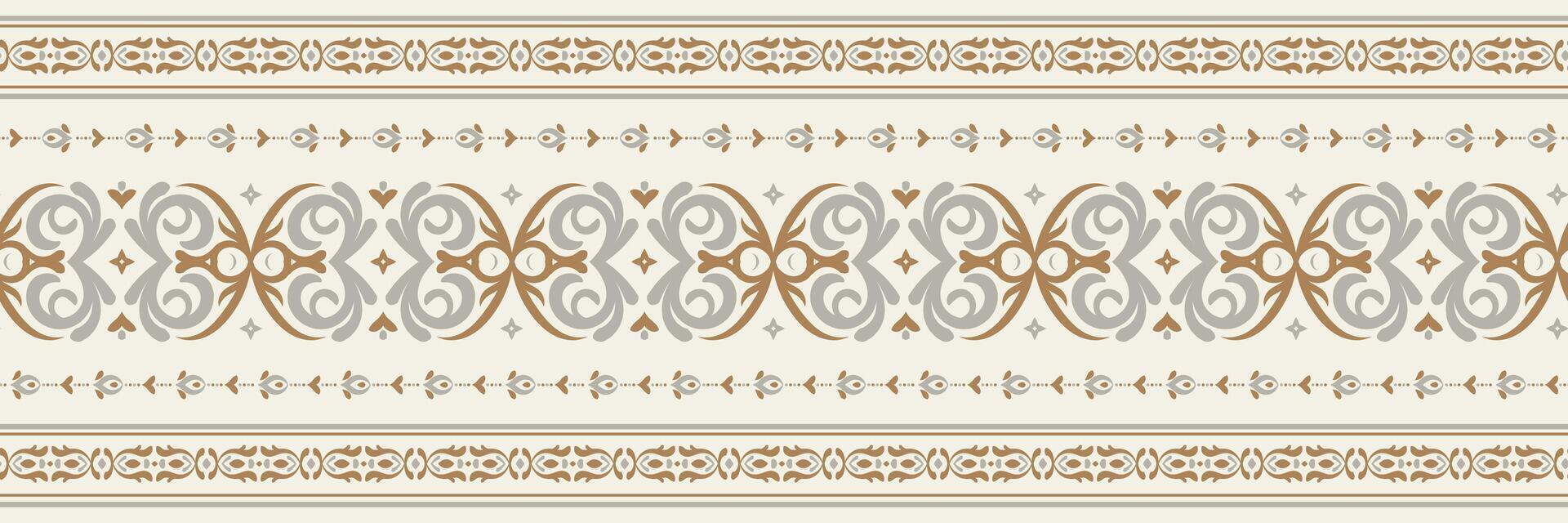 Seamless border pattern. Damask fabric boho mandalas India sari border design textile wallpaper. Tribal native motif oriental border for fabric, wallpaper, tiles vector
