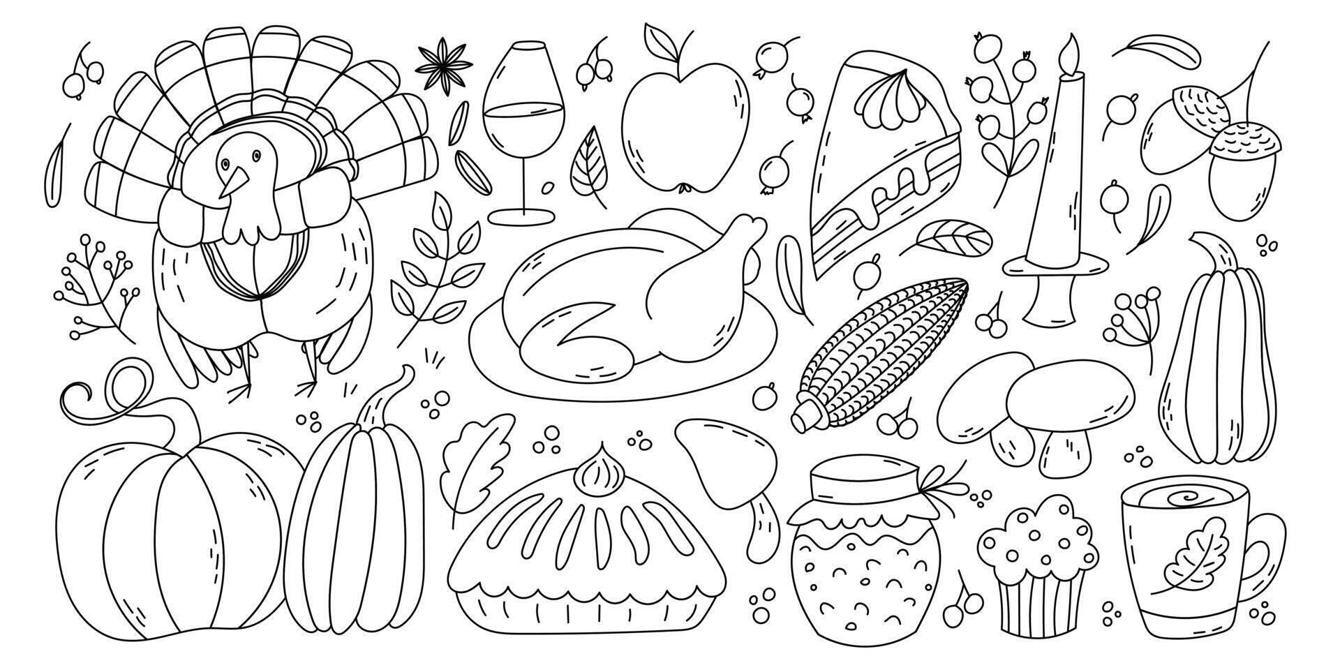 Thanksgiving doodles set. Traditional symbols - turkey, pumpkin pie, corn, apple, wine. vector