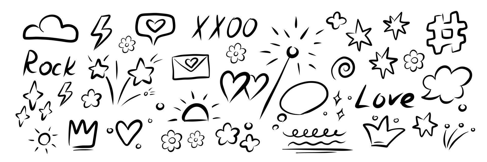 Doodle element set. Hand drawn brush stroke, highlight, speech bubble, underline, sparkle element. vector