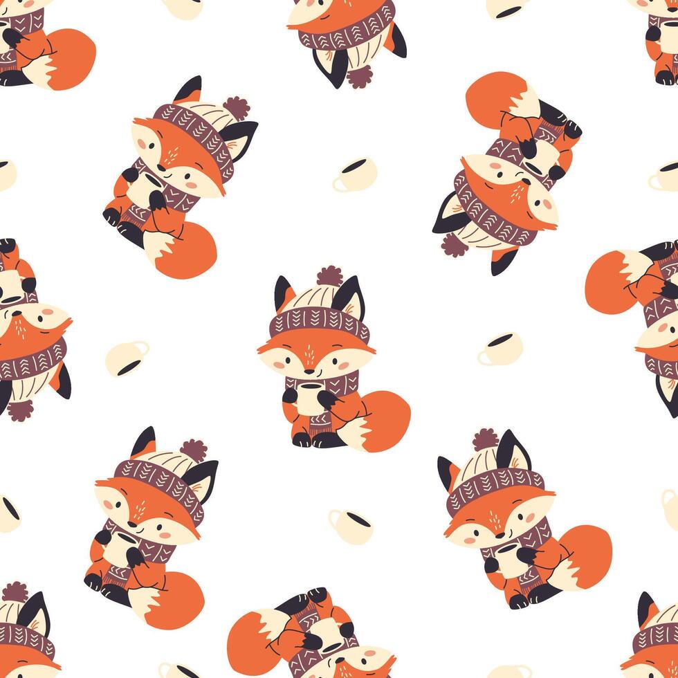 Seamless pattern. Cute fox in scarf and hat drinking tea. Cute winter New Year illustration vector