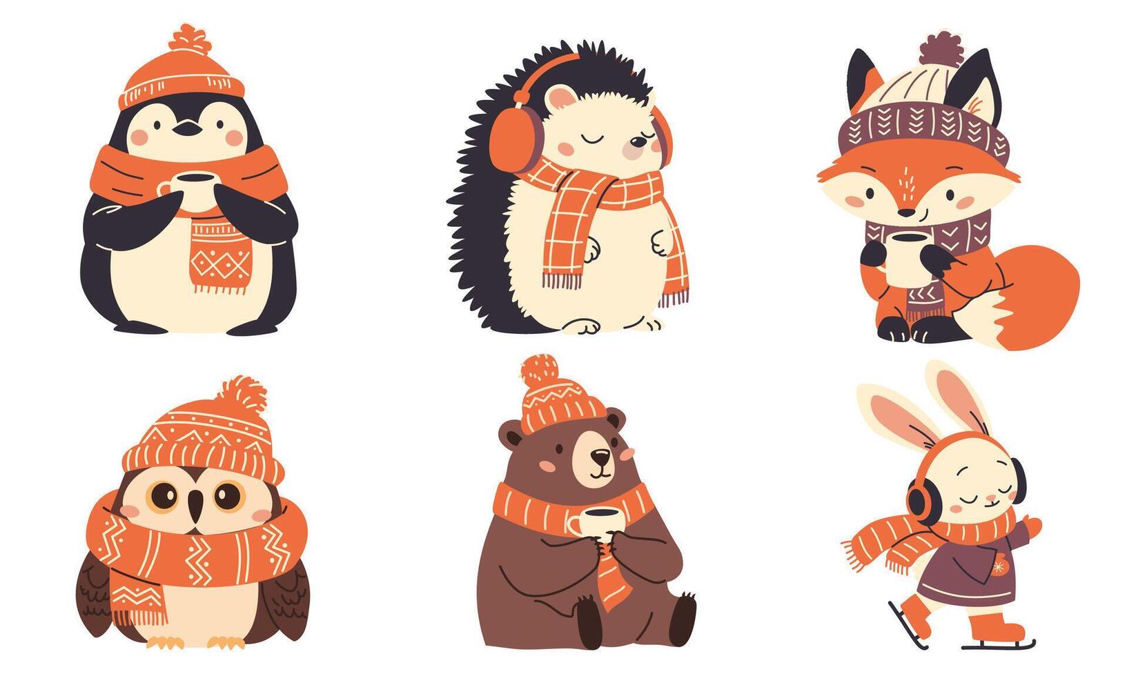 A set of cute illustrations for the new year. Owl in scarf and hat, penguin bear fox drinking a warm drink, hedgehog wearing headphones, rabbit riding on ringlets vector