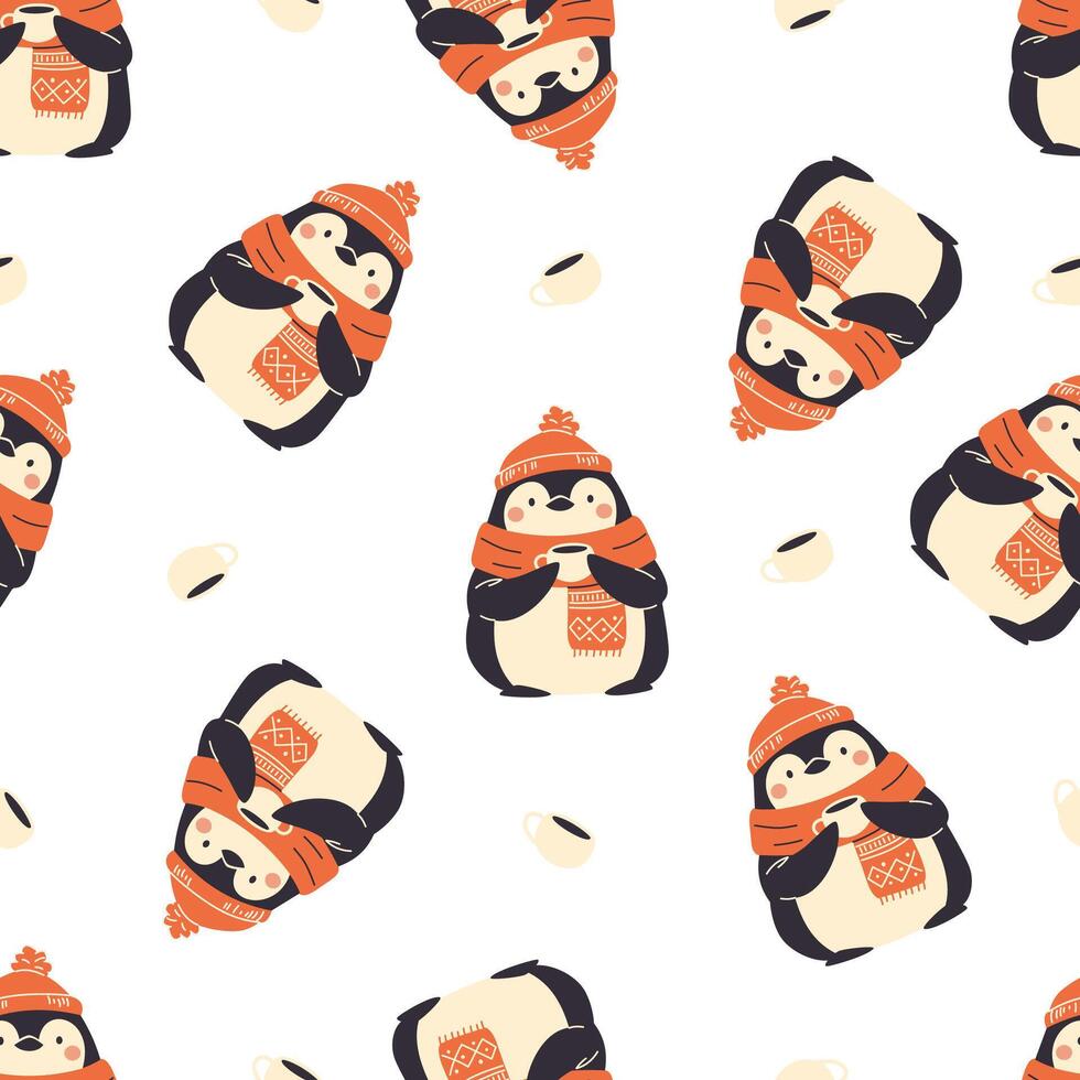 Seamless pattern. Cute penguin in scarf and hat drinking tea. Cute winter New Year illustration vector