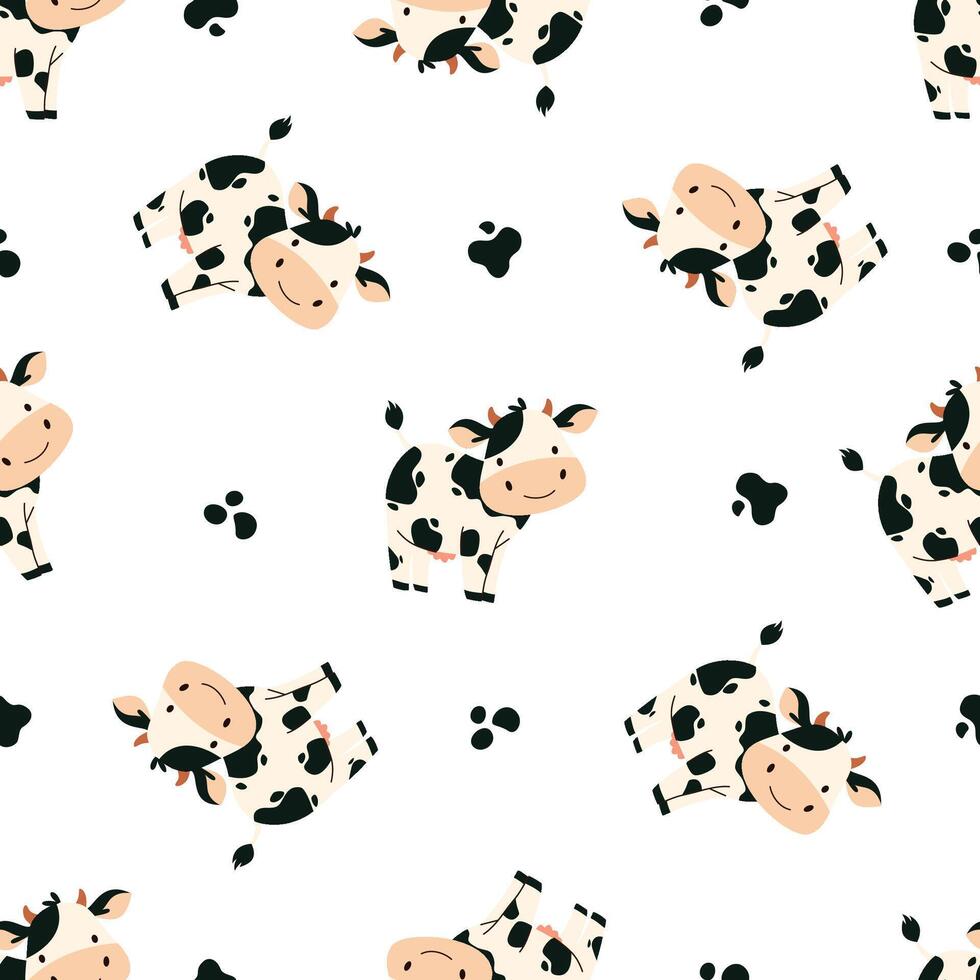 Seamless pattern in children's style. Cute cow and black spots vector