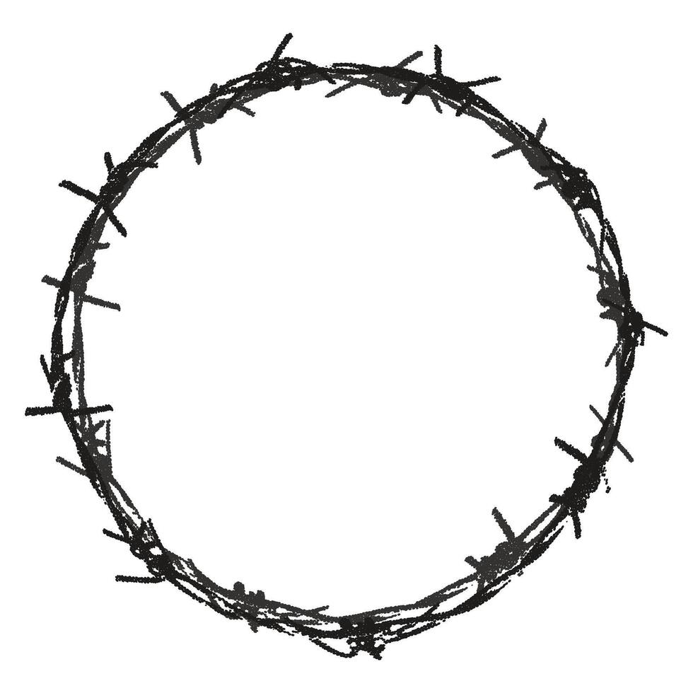 Trendy grunge element with retro photocopy stipple effect. Round frame made of barbed wire Y2K goth core 2000s style. Modern illustration dots texture. For poster, t-shirt, social media vector