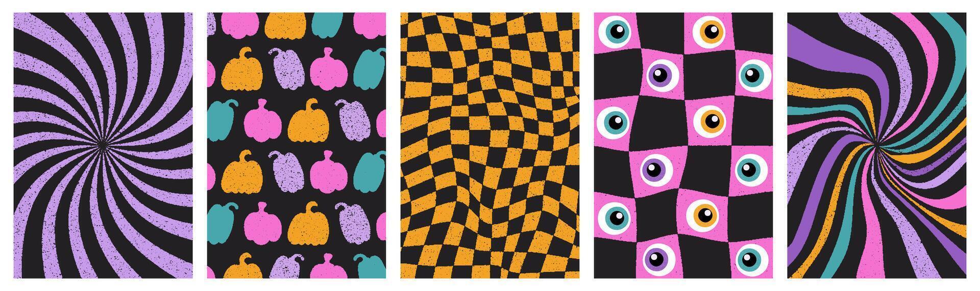 Halloween groovy poster set. Psychedelic distorted pattern collection for banner, greeting card, party. Pumpkins, eye character. Trendy retro illustration with grunge grain vintage texture vector