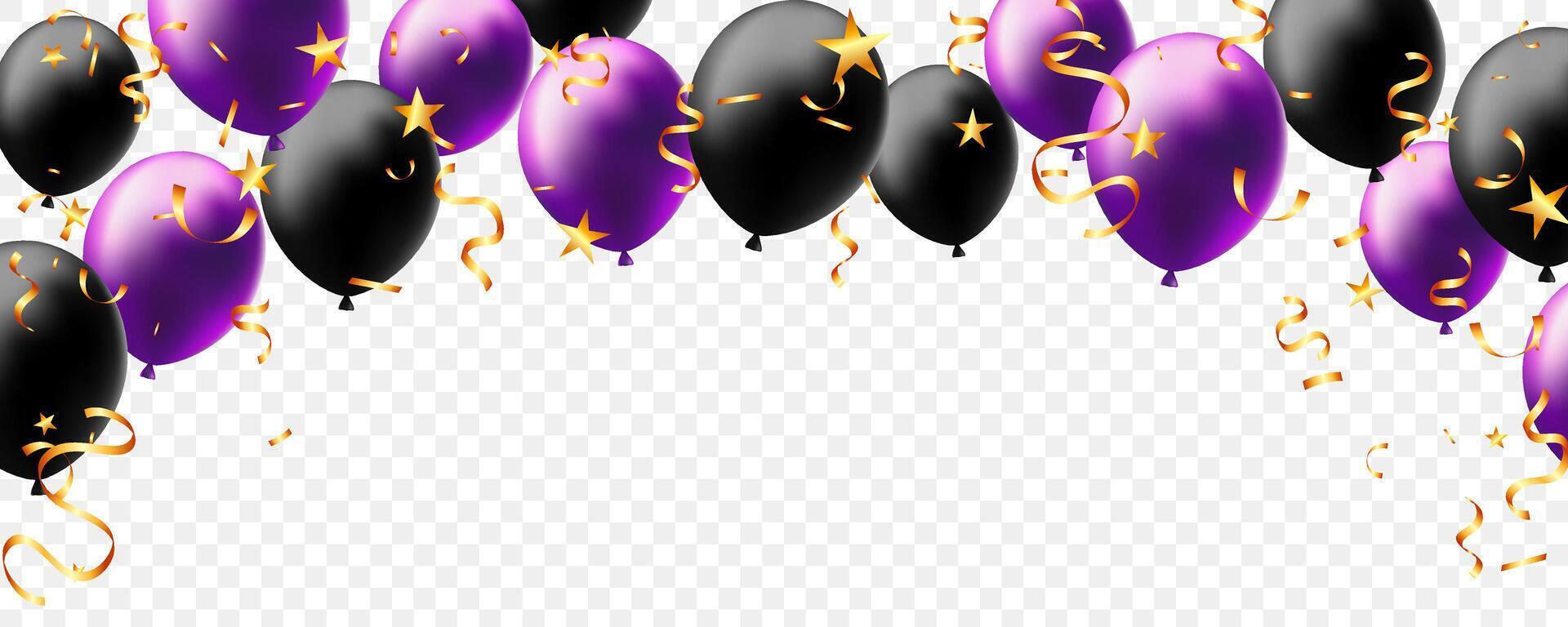 helium realistic balloon black, purple color and gold confetti decorative round background vector