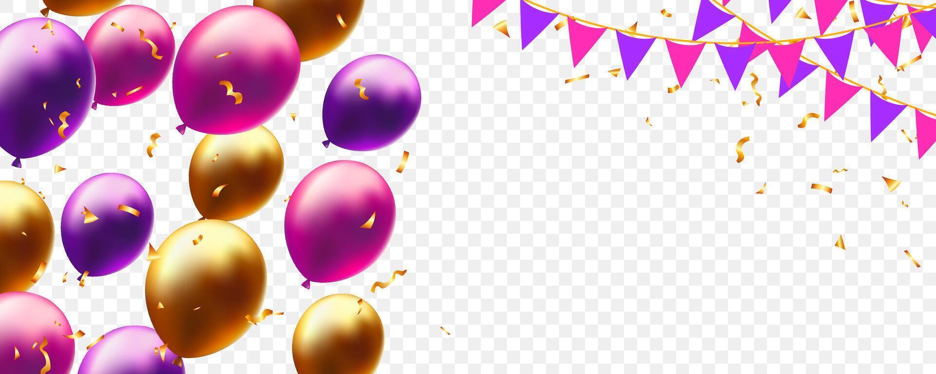 balloons, triangle pennants chain and confetti horizontal template background decor surprise party, birthday, invitation greeting card vector