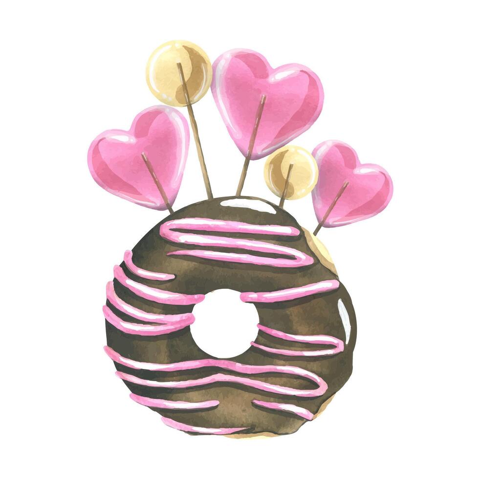 Round donut in chocolate glaze with caramel lollipops. Watercolor illustration. A composition from a large set of SWEETS. For the design and decoration of stickers, menus, packaging, prints. vector