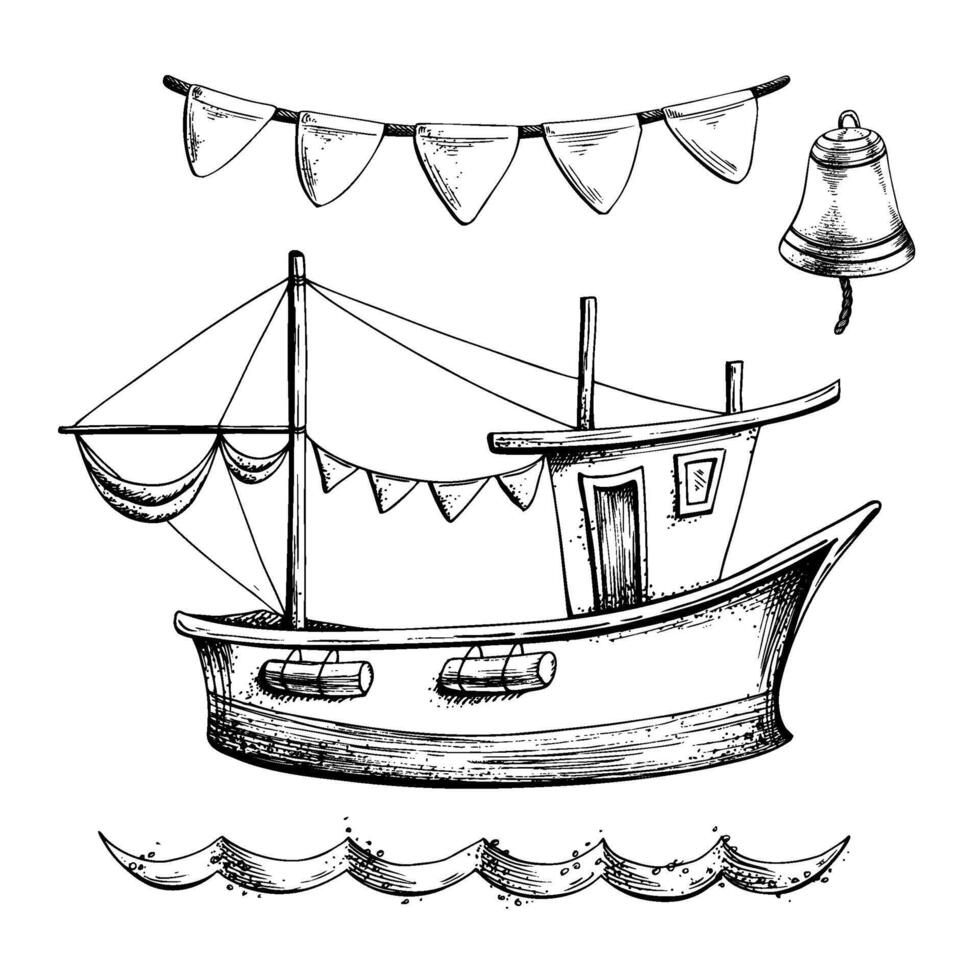 Fishing boat sailboat with a garland of flags, a ship s bell and sea waves. Graphic line art drawn by hand in black and white monochrome. Nautical set of clip art isolated elements. vector