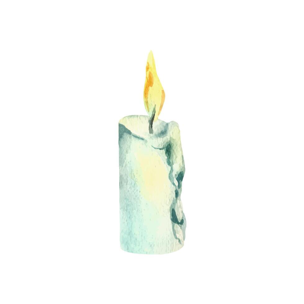 Wax candle white, beige, blue tall with wax drips and burning flame orange and yellow. Watercolor illustration hand-drawn. Separate object isolated from the background. vector