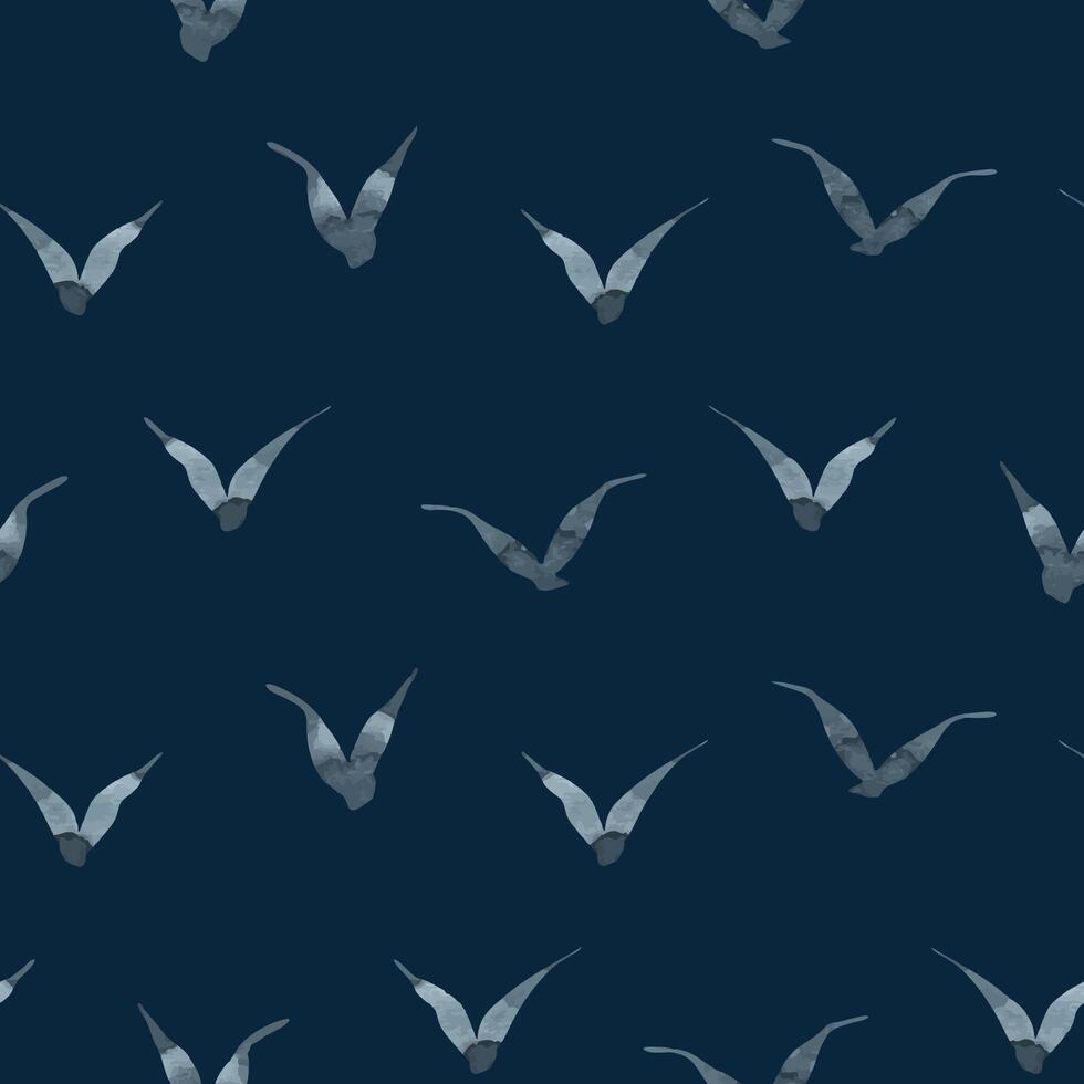 Gray silhouettes of flying gulls are abstract. Watercolor illustration drawn by hand in a children s simple style. Seamless pattern on a dark blue background. vector