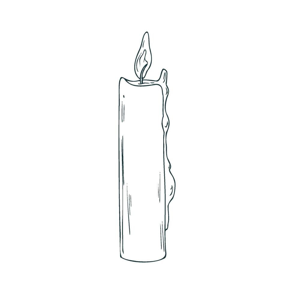 Wax candle tall with wax drips and burning flame. Line art is a simple hand-drawn illustration in black and white ink. Isolated EPS object. vector