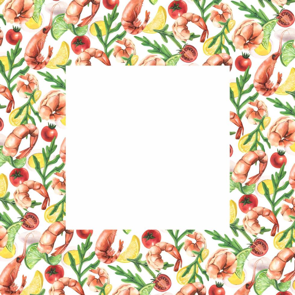 Square frame empty template with white background for text, information with shrimp, greens, vegetables and eggs. Watercolor illustration hand drawn. For menus, recipes, cooking vector