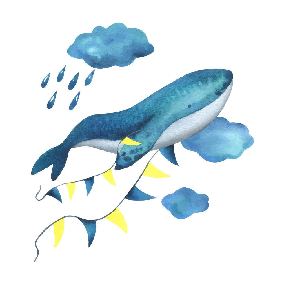 Turquoise whale in the clouds with a garland of flags among the clouds with raindrops. Watercolor illustration hand drawn in a simple childish style. Isolated composition on a white background. vector