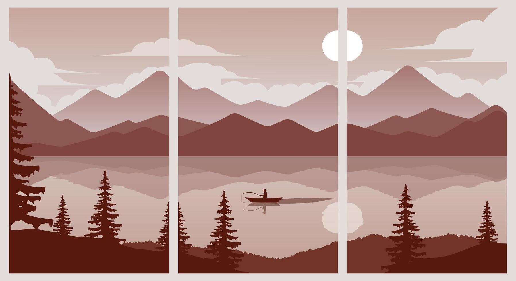 set of poster angler fishing in a lake with views of mountains illustration design vector