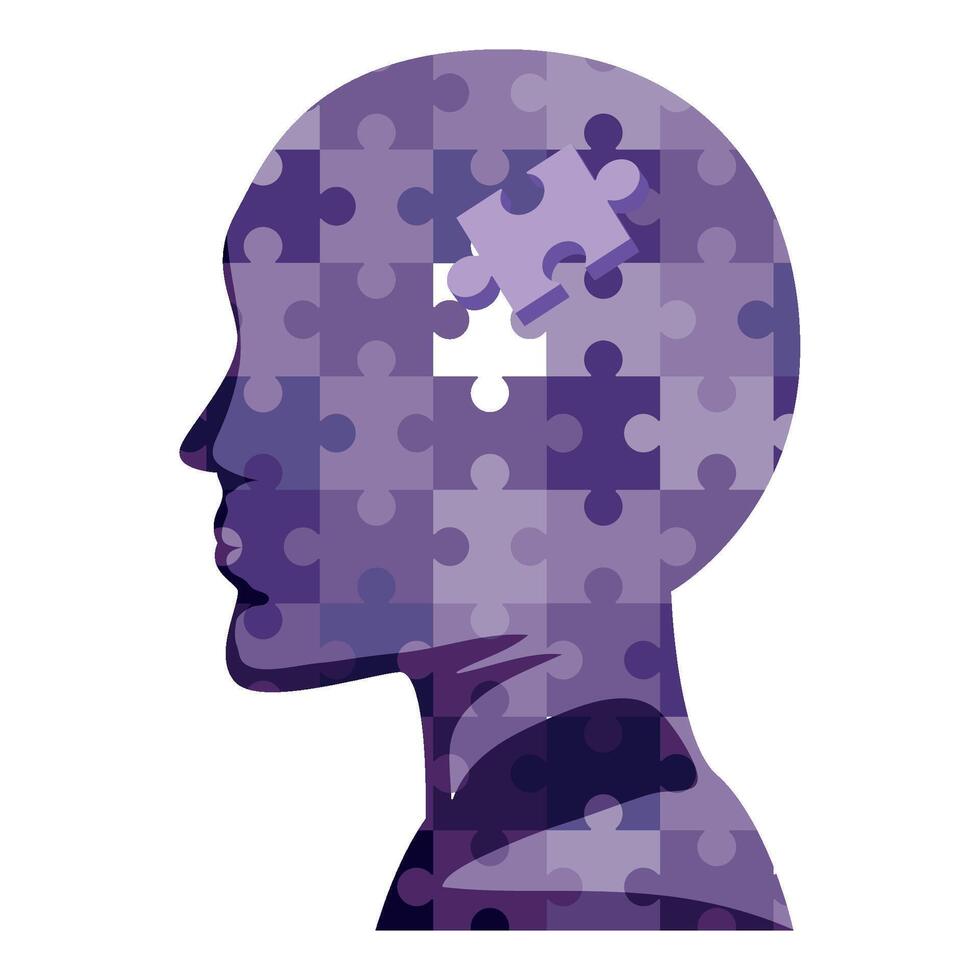 A purple silhouette of a person's head with a puzzle piece missing vector