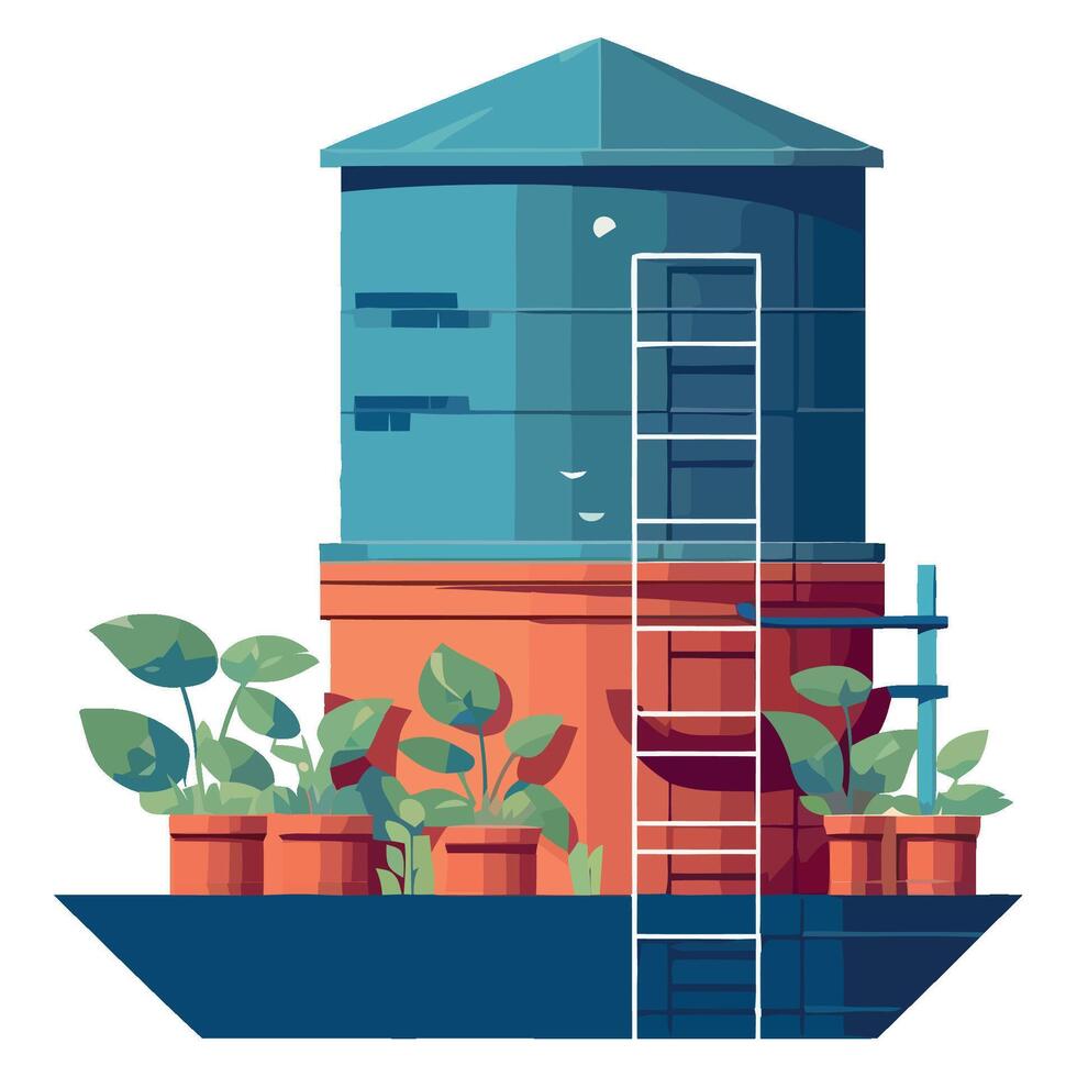 Water tower with plants and ladder vector