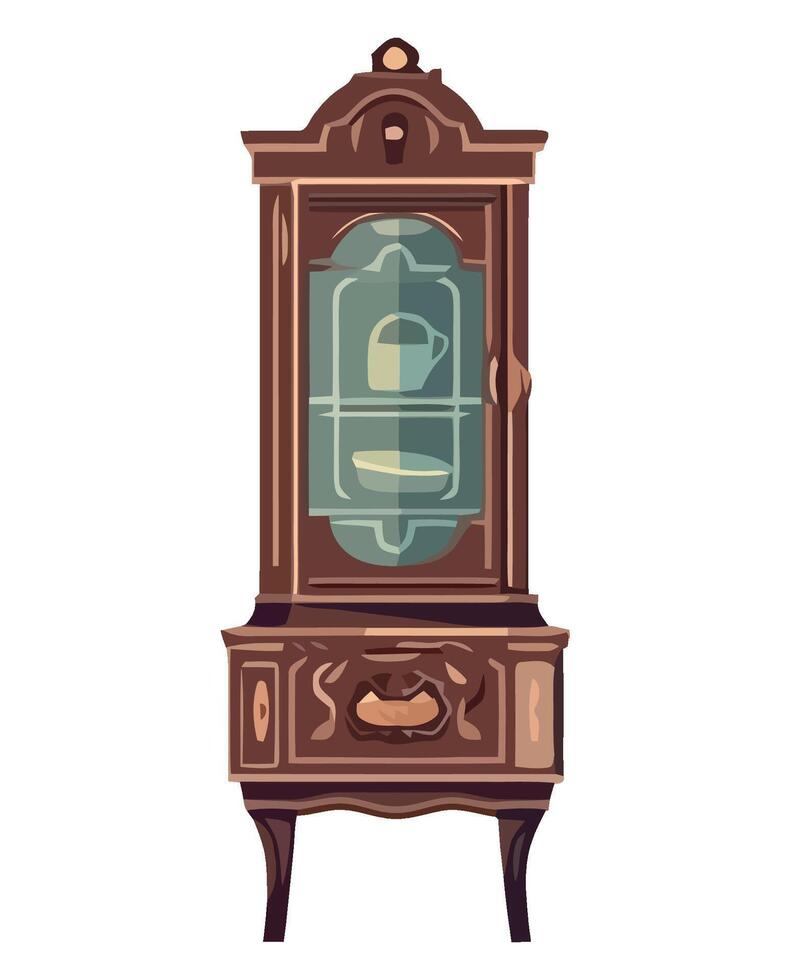 An old wooden cabinet with glass doors vector